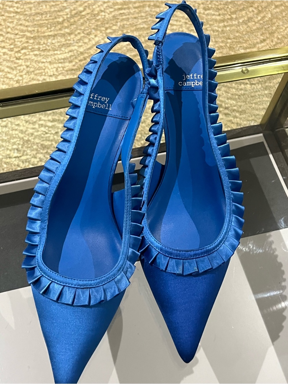 NWT $225 #JeffreyCampbell Blue Satin Pointed Slingback kitten heels sz 8 - Picture 5 of 8